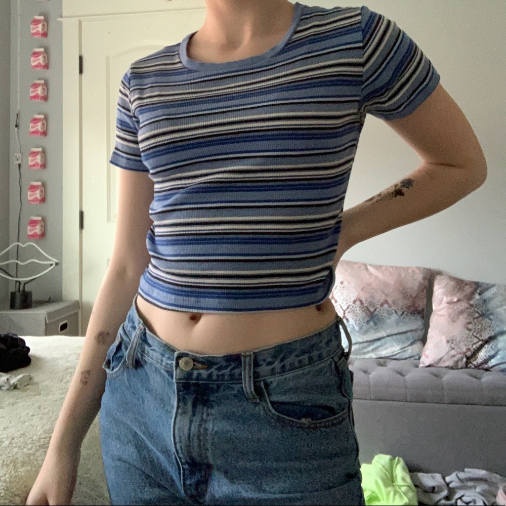 Brandy Melville Blue Black & White Striped Top
